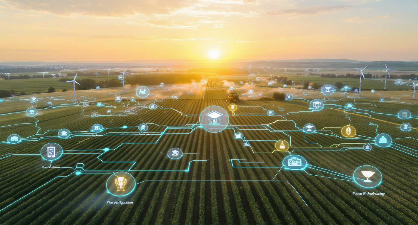 Smart agriculture IoT network connecting farmland sensors and equipment at sunrise
